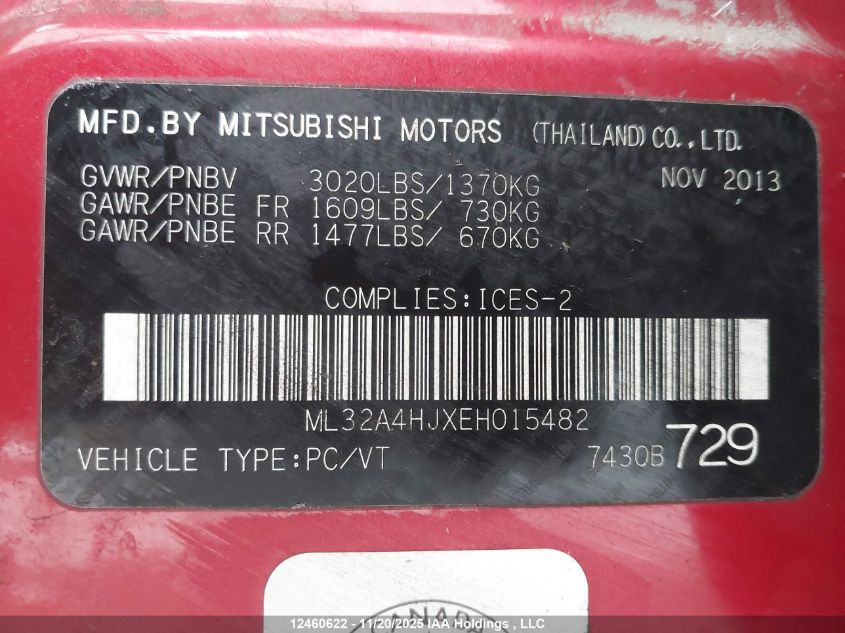 2014 Mitsubishi Mirage Es VIN: ML32A4HJXEH015482 Lot: 12460622