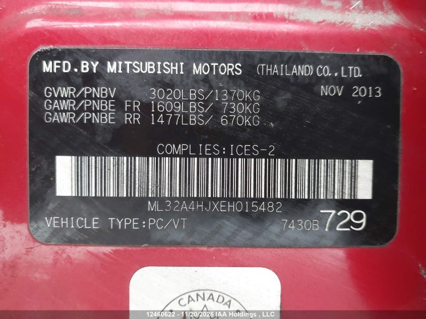 2014 Mitsubishi Mirage Es VIN: ML32A4HJXEH015482 Lot: 12460622