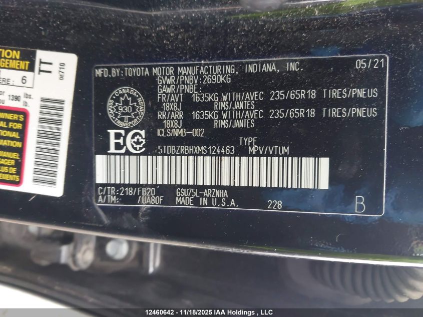 2021 Toyota Highlander L/Le VIN: 5TDBZRBHXMS124463 Lot: 12460642