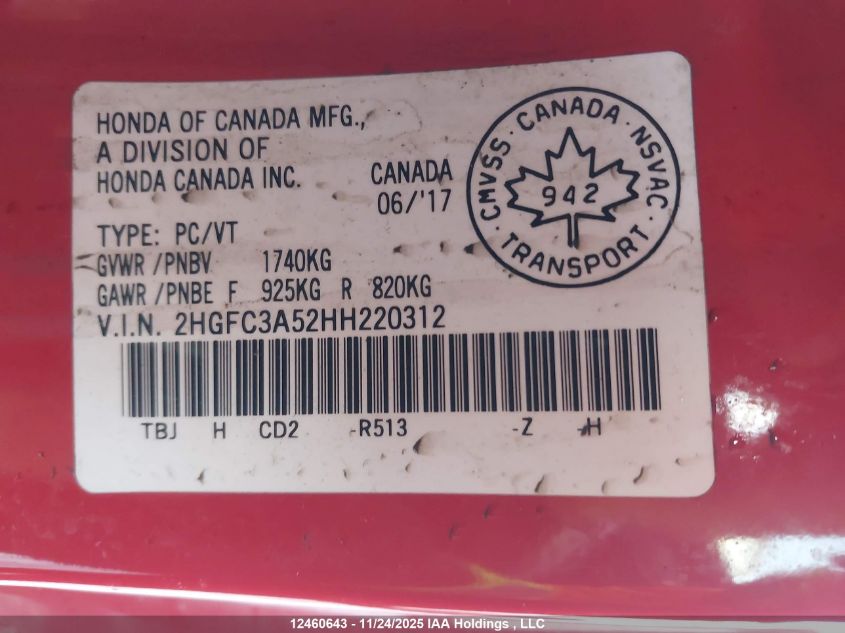 2017 Honda Civic Si Si VIN: 2HGFC3A52HH220312 Lot: 12460643