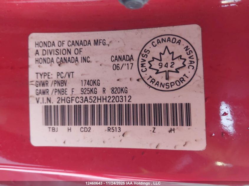 2017 Honda Civic Si Si VIN: 2HGFC3A52HH220312 Lot: 12460643