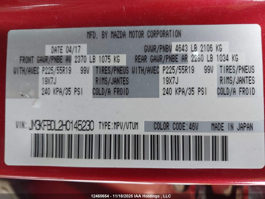 2017 Mazda Cx-5 Grand Touring VIN: JM3KFBDL2H0145230 Lot: 12460654