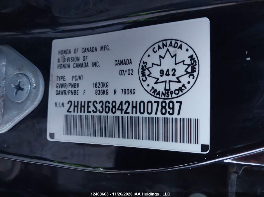 2002 Acura 1.7El Premium VIN: 2HHES36842H007897 Lot: 12460663