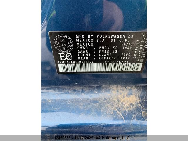 2018 Volkswagen Golf VIN: 3VWG17AU1JM288824 Lot: 12460683