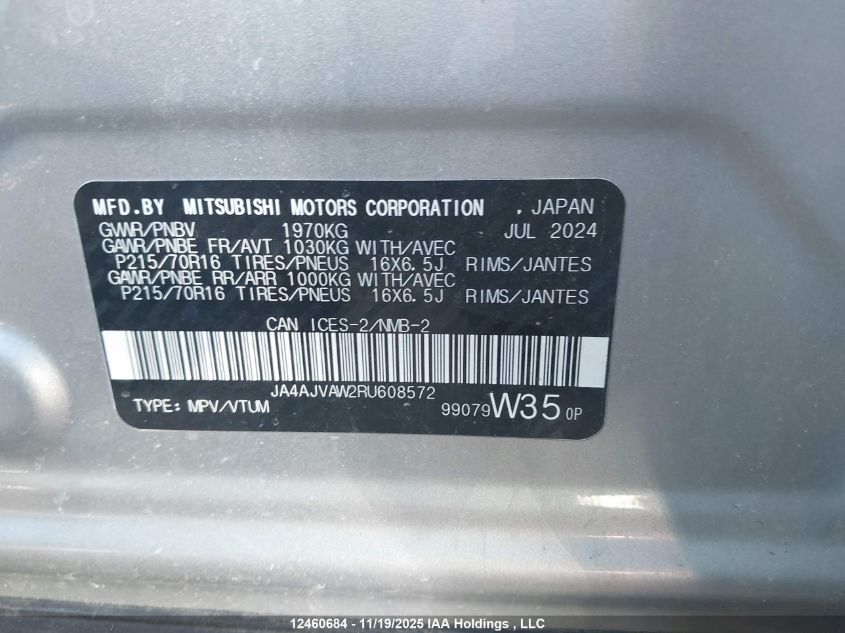 2024 Mitsubishi Rvr Se/Sel/Noir/Gt VIN: JA4AJVAW2RU608572 Lot: 12460684