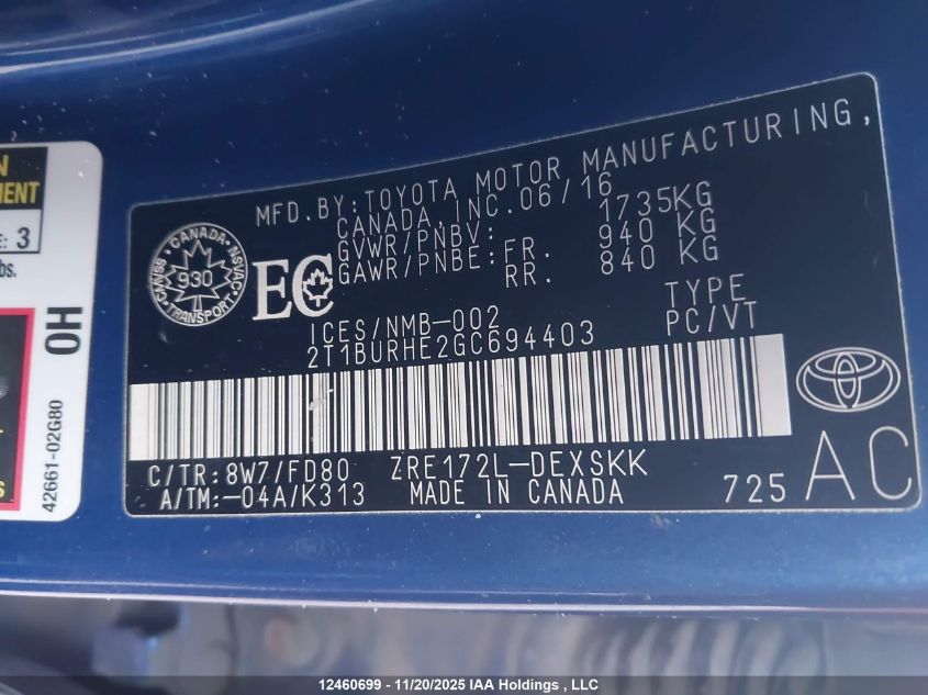 2016 Toyota Corolla S VIN: 2T1BURHE2GC694403 Lot: 12460699