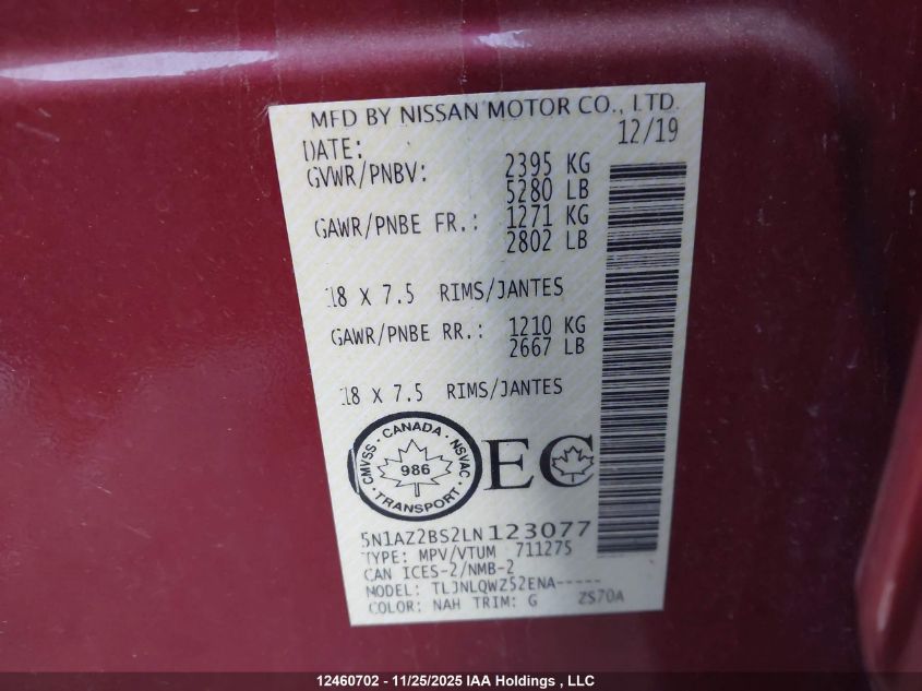 2020 Nissan Murano Sv VIN: 5N1AZ2BS2LN123077 Lot: 12460702