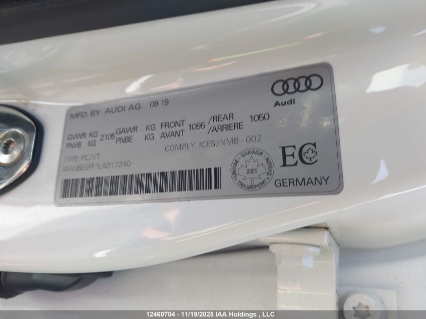 2020 Audi A3 45 Komfort VIN: WAUBEGFF1LA017240 Lot: 12460704