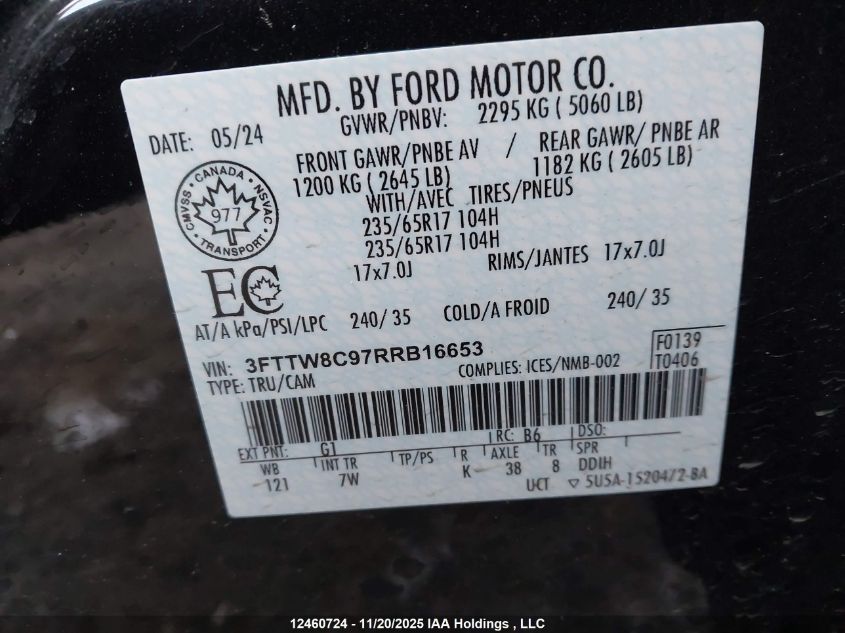 2024 Ford Maverick Xlt VIN: 3FTTW8C97RRB16653 Lot: 12460724