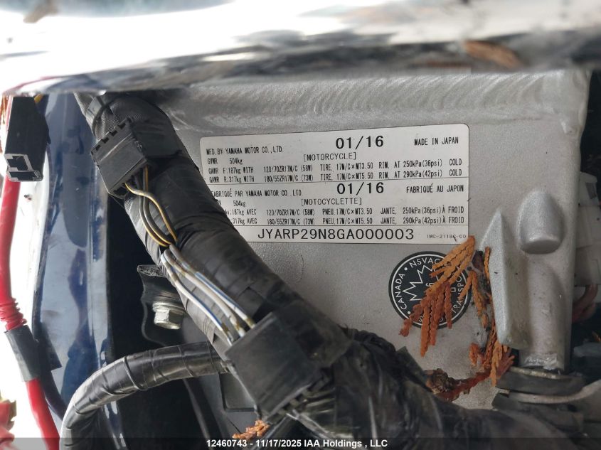 2016 Yamaha Fjr1300 A VIN: JYARP29N8GA000003 Lot: 12460743