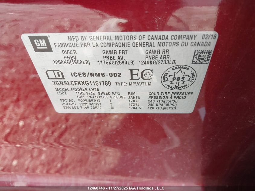 2016 Chevrolet Equinox Lt VIN: 2GNALCEKXG1161789 Lot: 12460748