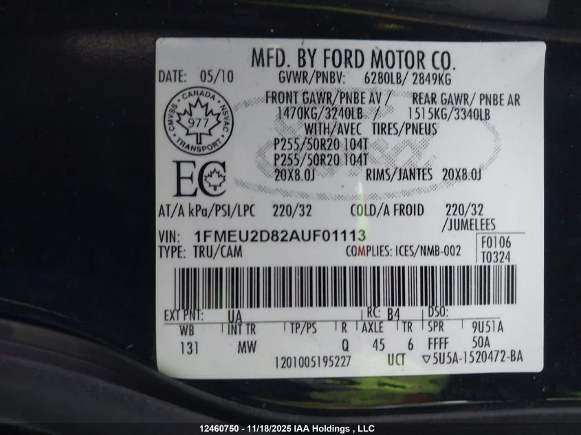 2010 Ford Explorer Sport Trac Limited VIN: 1FMEU2D82AUF01113 Lot: 12460750