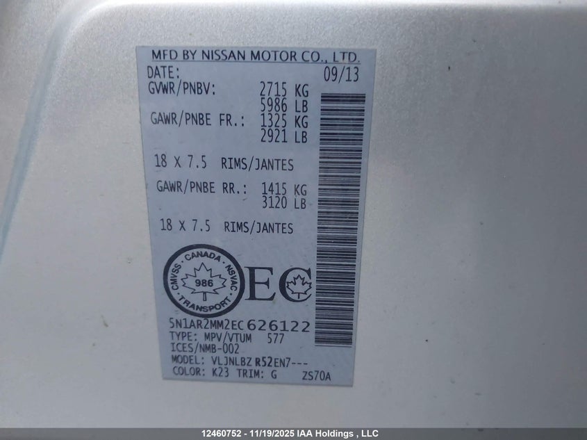 5N1AR2MM2EC626122 2014 NISSAN PATHFINDER photo no. 9