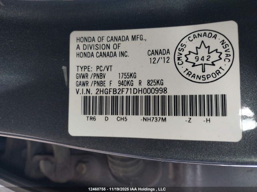 2013 Honda Civic Touring VIN: 2HGFB2F71DH000998 Lot: 12460755