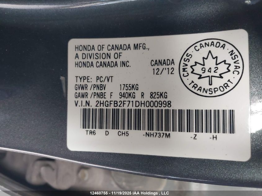 2013 Honda Civic Touring VIN: 2HGFB2F71DH000998 Lot: 12460755