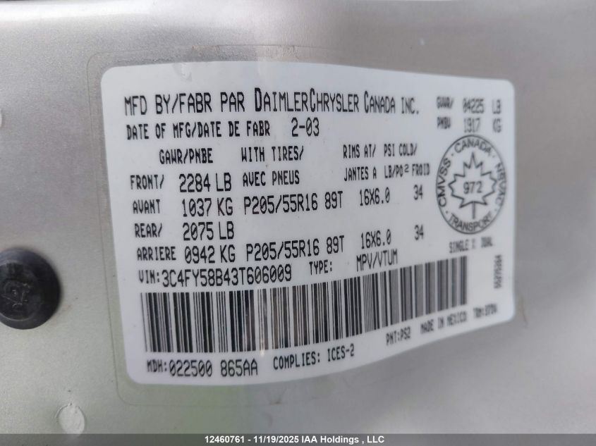 2003 Chrysler Pt Cruiser Touring VIN: 3C4FY58B43T606009 Lot: 12460761