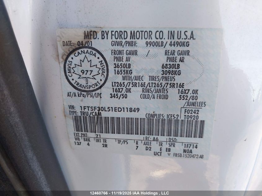 2001 Ford F350 Srw Super Duty VIN: 1FTSF30L51ED11849 Lot: 12460766