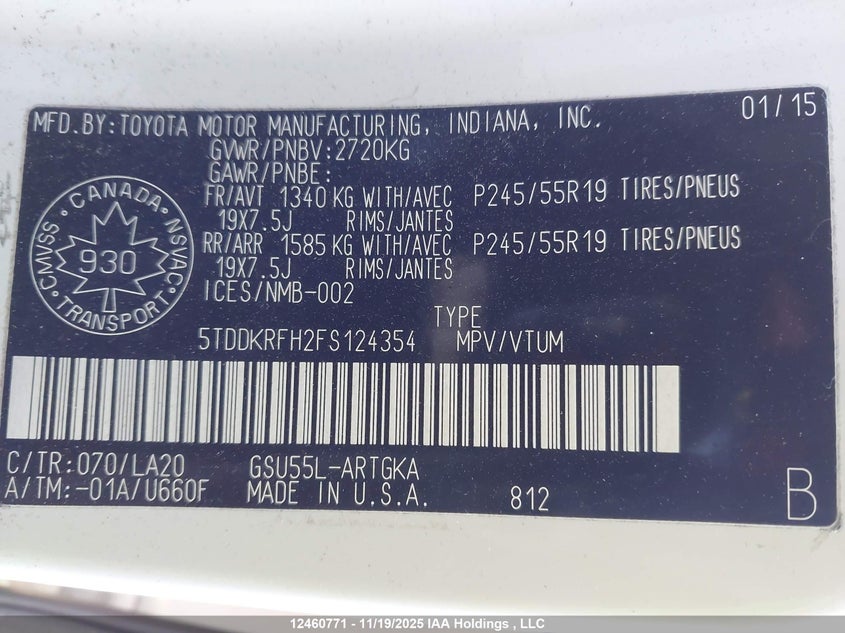 5TDDKRFH2FS124354 2015 TOYOTA HIGHLANDER photo no. 9