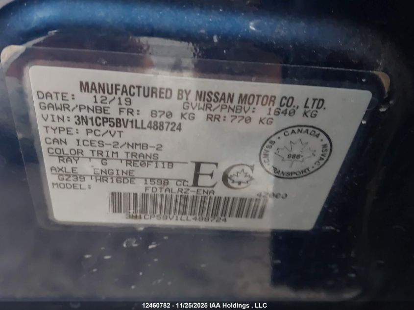 2020 Nissan Kicks S VIN: 3N1CP5BV1LL488724 Lot: 12460782