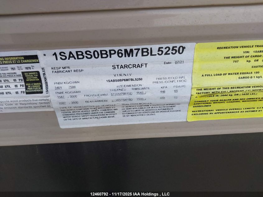 2021 Starcraft Autumn Ridge VIN: 1SABS0BP6M7BL5250 Lot: 12460792