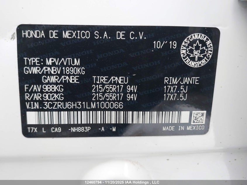 3CZRU6H31LM100066 2020 HONDA HR-V photo no. 9