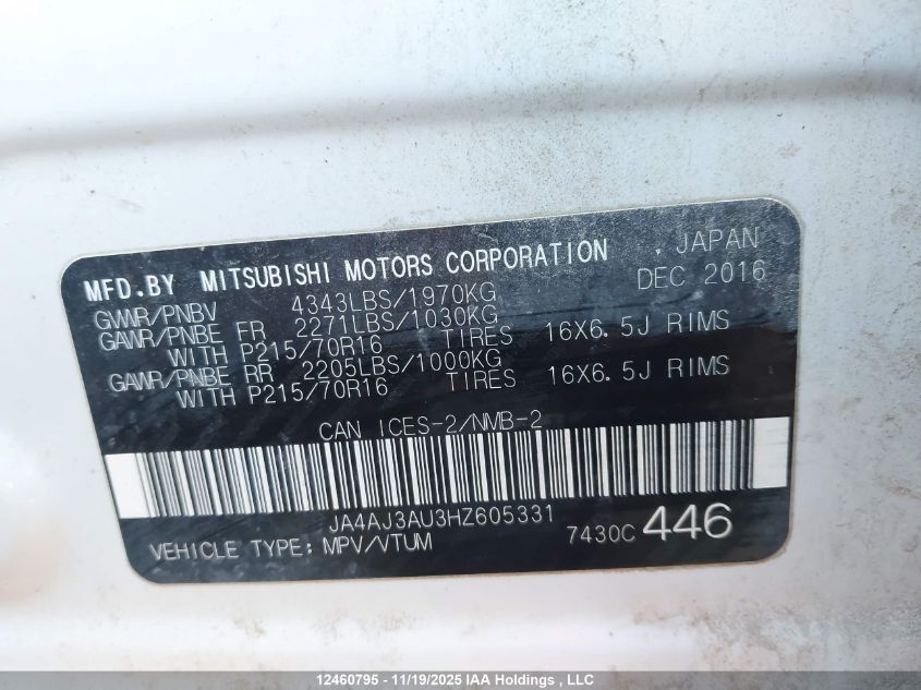 2017 Mitsubishi Rvr Se VIN: JA4AJ3AU3HZ605331 Lot: 12460795