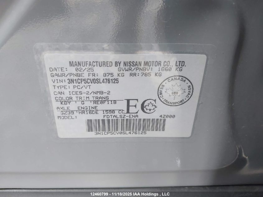 2025 Nissan Kicks Play Sv VIN: 3N1CP5CV0SL476125 Lot: 12460799