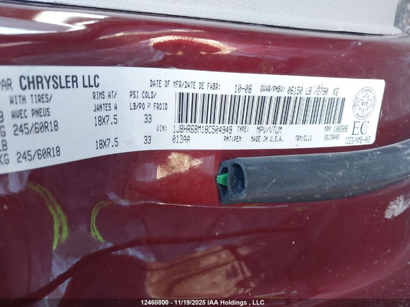 2008 Jeep Grand Cherokee Overland VIN: 1J8HR68M18C504949 Lot: 12460800