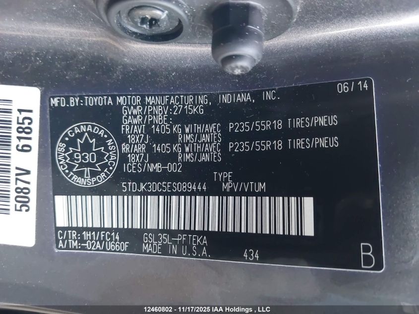 2014 Toyota Sienna Le 7 Passenger VIN: 5TDJK3DC5ES089444 Lot: 12460802