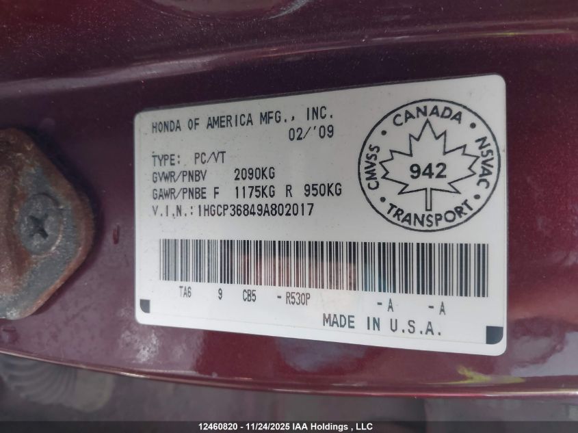 2009 Honda Accord Exl VIN: 1HGCP36849A802017 Lot: 12460820