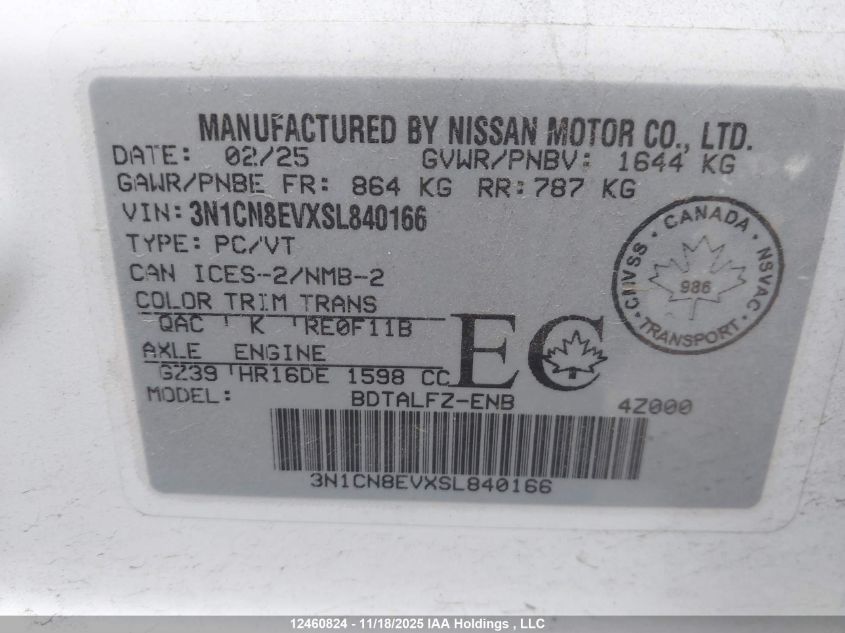 2025 Nissan Versa Sv VIN: 3N1CN8EVXSL840166 Lot: 12460824