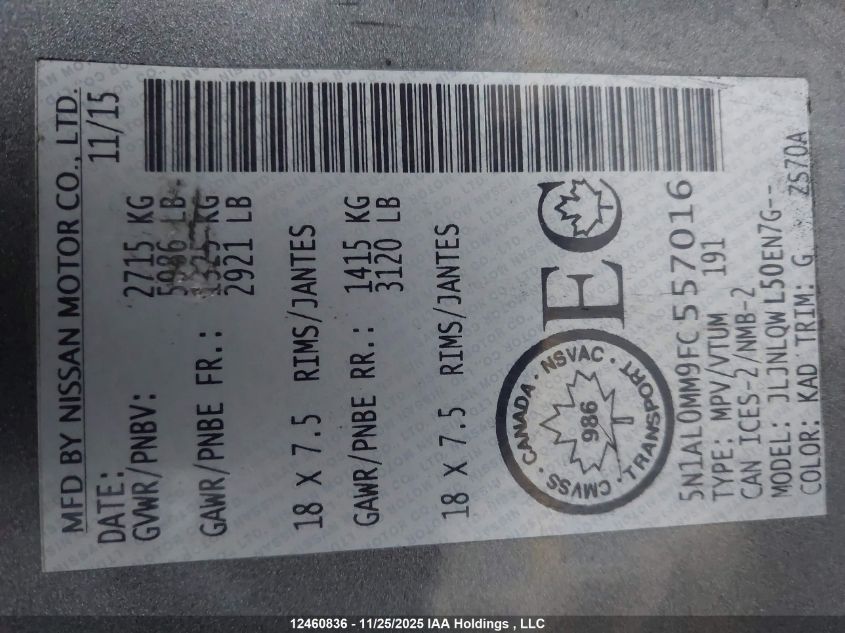 2015 Infiniti Qx60 VIN: 5N1AL0MM9FC557016 Lot: 12460836