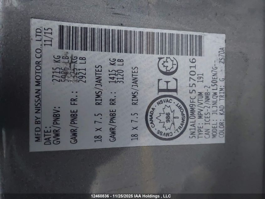 2015 Infiniti Qx60 VIN: 5N1AL0MM9FC557016 Lot: 12460836