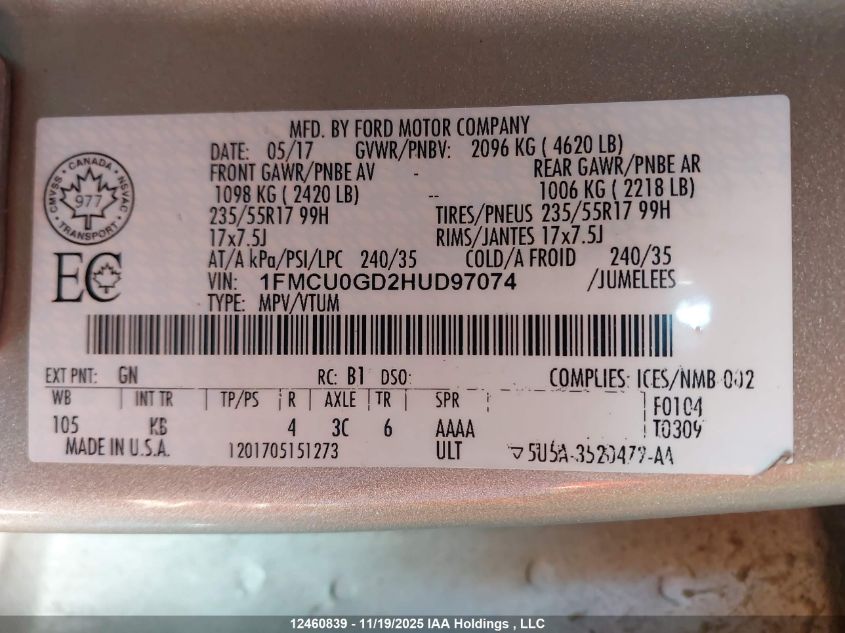 2017 Ford Escape Se VIN: 1FMCU0GD2HUD97074 Lot: 12460839