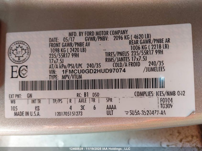 2017 Ford Escape Se VIN: 1FMCU0GD2HUD97074 Lot: 12460839