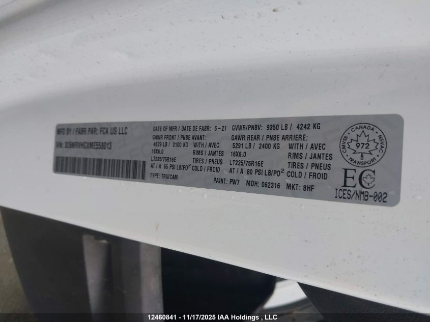 2021 Ram Promaster 3500 3500 High VIN: 3C6MRVHGXME558013 Lot: 12460841