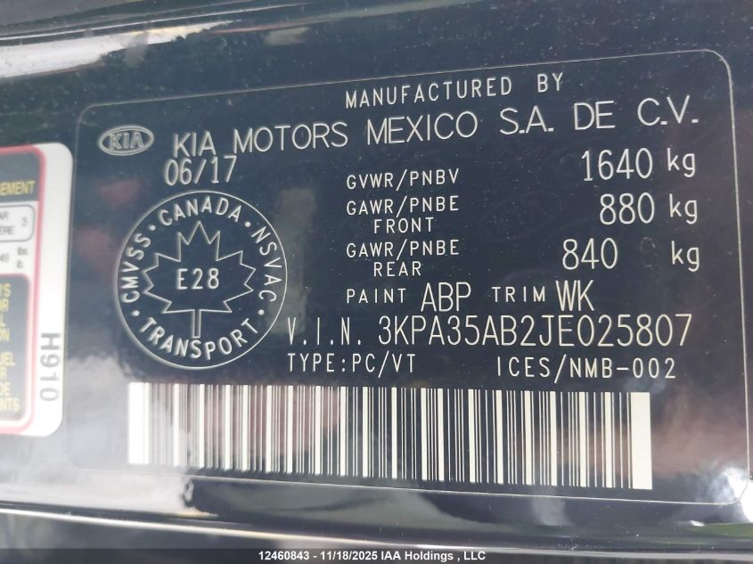 2018 Kia Rio Ex/Ex Sport/Ex Tech Navi VIN: 3KPA35AB2JE025807 Lot: 12460843