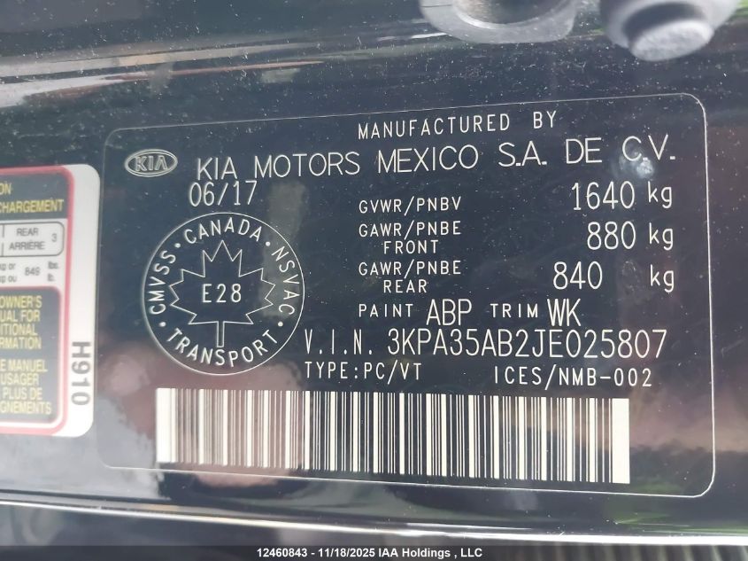 2018 Kia Rio Ex/Ex Sport/Ex Tech Navi VIN: 3KPA35AB2JE025807 Lot: 12460843