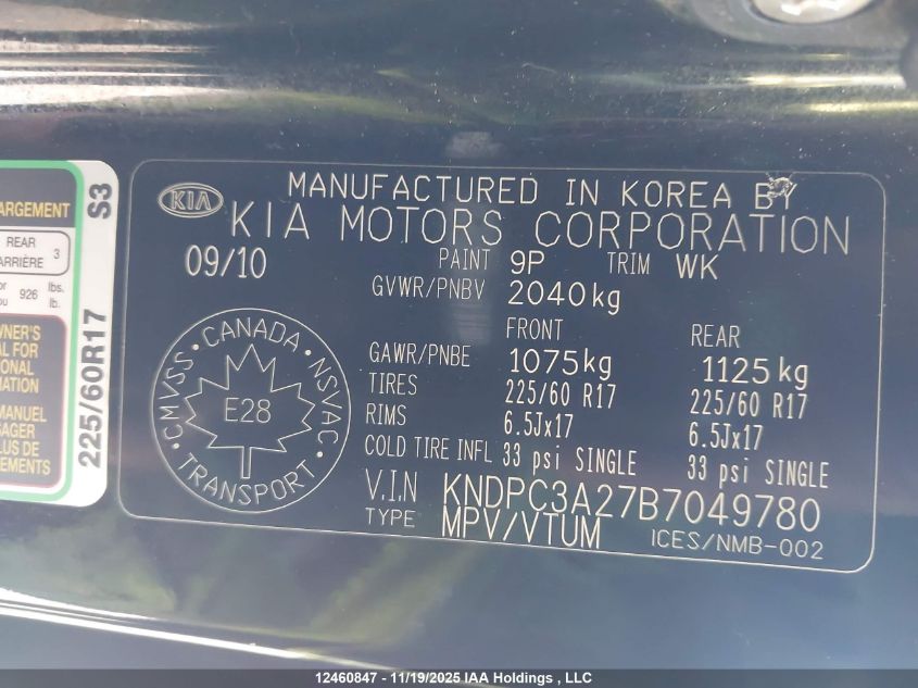 2011 Kia Sportage Ex VIN: KNDPC3A27B7049780 Lot: 12460847