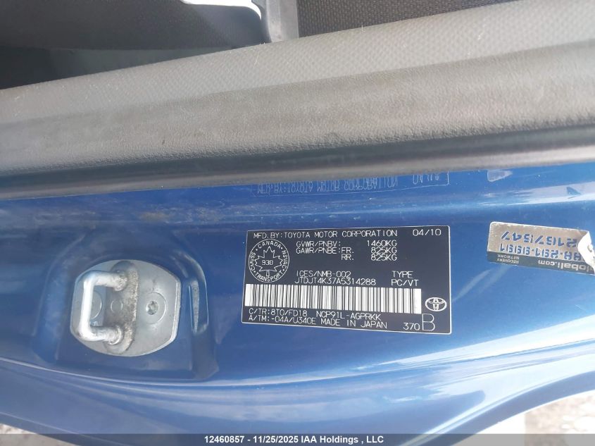 2010 Toyota Yaris VIN: JTDJT4K37A5314288 Lot: 12460857