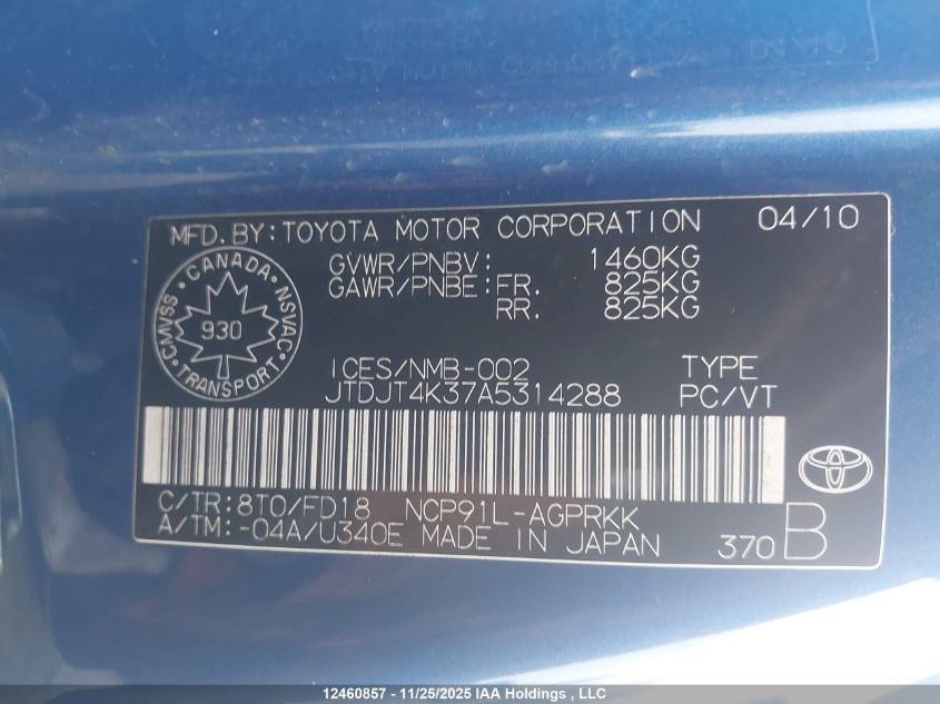 2010 Toyota Yaris VIN: JTDJT4K37A5314288 Lot: 12460857