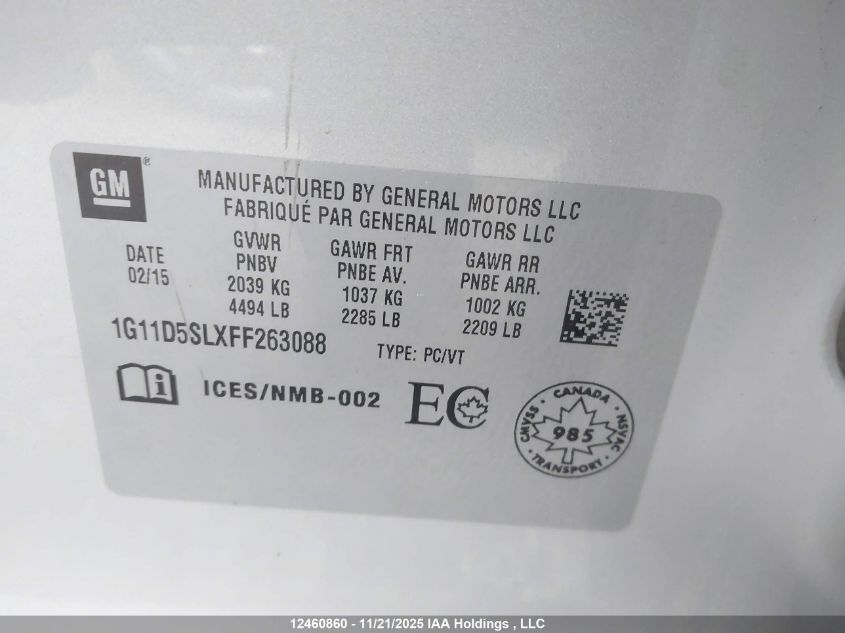 2015 Chevrolet Malibu 2Lt VIN: 1G11D5SLXFF263088 Lot: 12460860