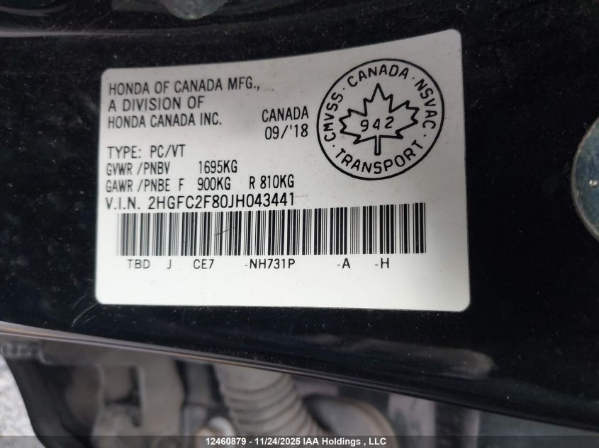 2018 Honda Civic Ex VIN: 2HGFC2F80JH043441 Lot: 12460879