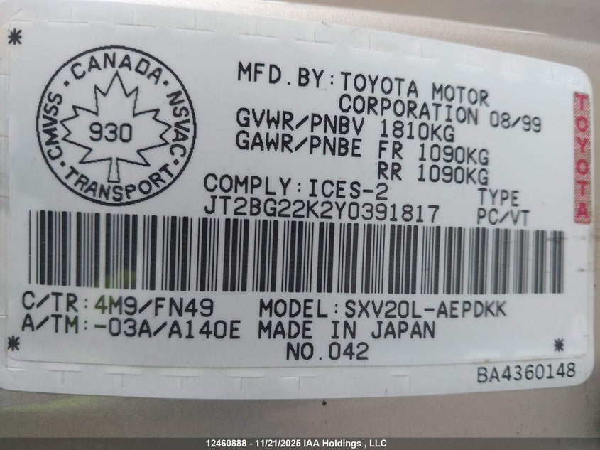 JT2BG22K2Y0391817 2000 TOYOTA CAMRY photo no. 19