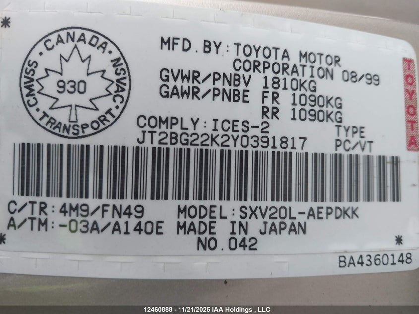 JT2BG22K2Y0391817 2000 TOYOTA CAMRY photo no. 9