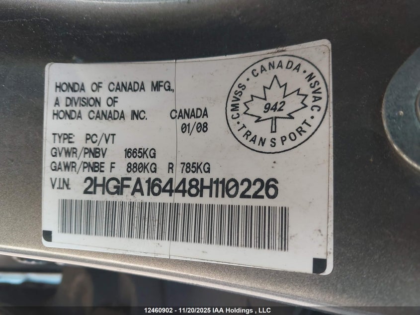2HGFA16448H110226 2008 HONDA CIVIC photo no. 9