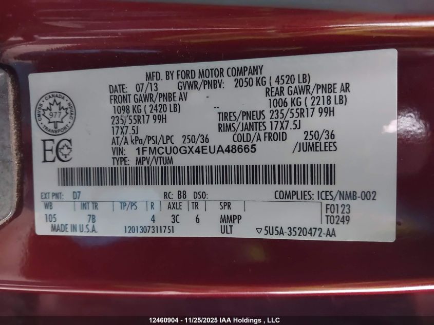 2014 Ford Escape VIN: 1FMCU0GX4EUA48665 Lot: 12460904