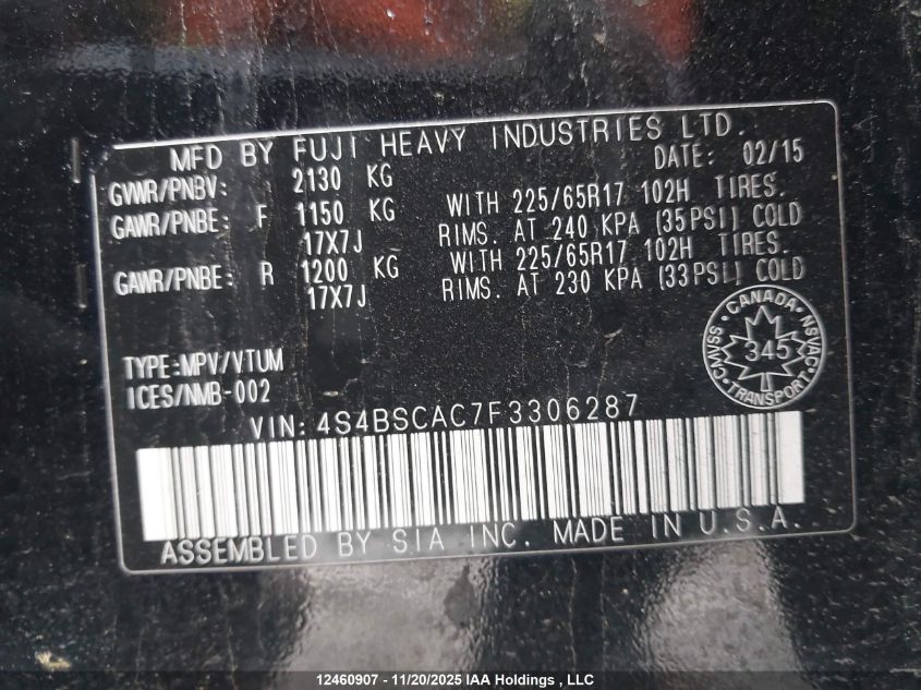 2015 Subaru Outback 2.5I VIN: 4S4BSCAC7F3306287 Lot: 12460907