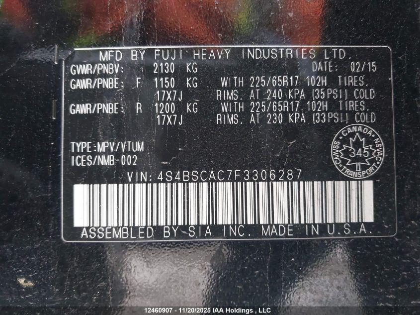 2015 Subaru Outback 2.5I VIN: 4S4BSCAC7F3306287 Lot: 12460907