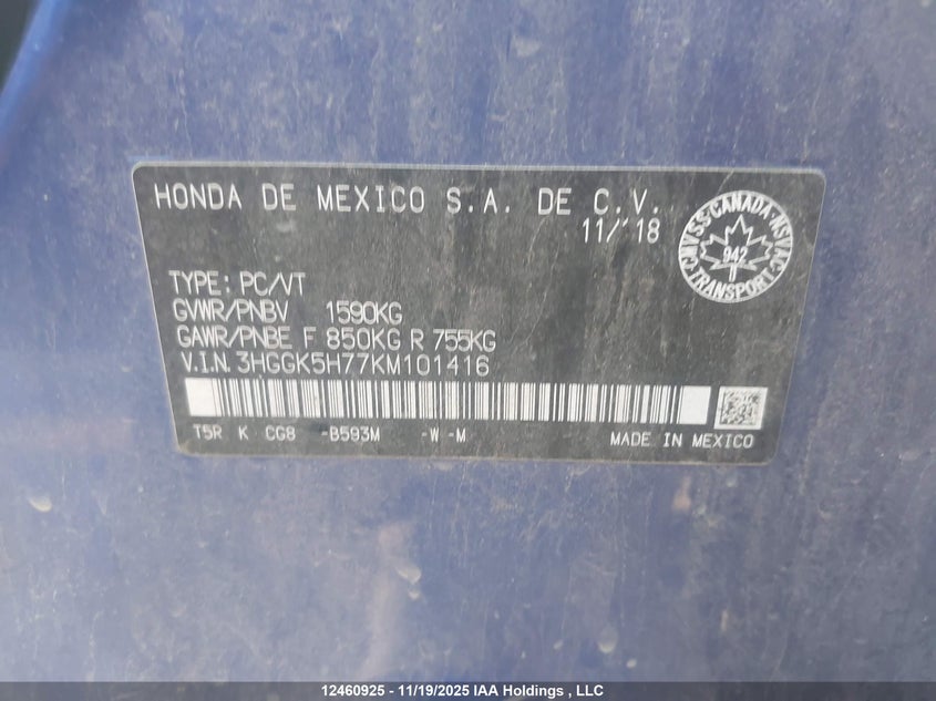 2019 Honda Fit VIN: 3HGGK5H77KM101416 Lot: 12460925